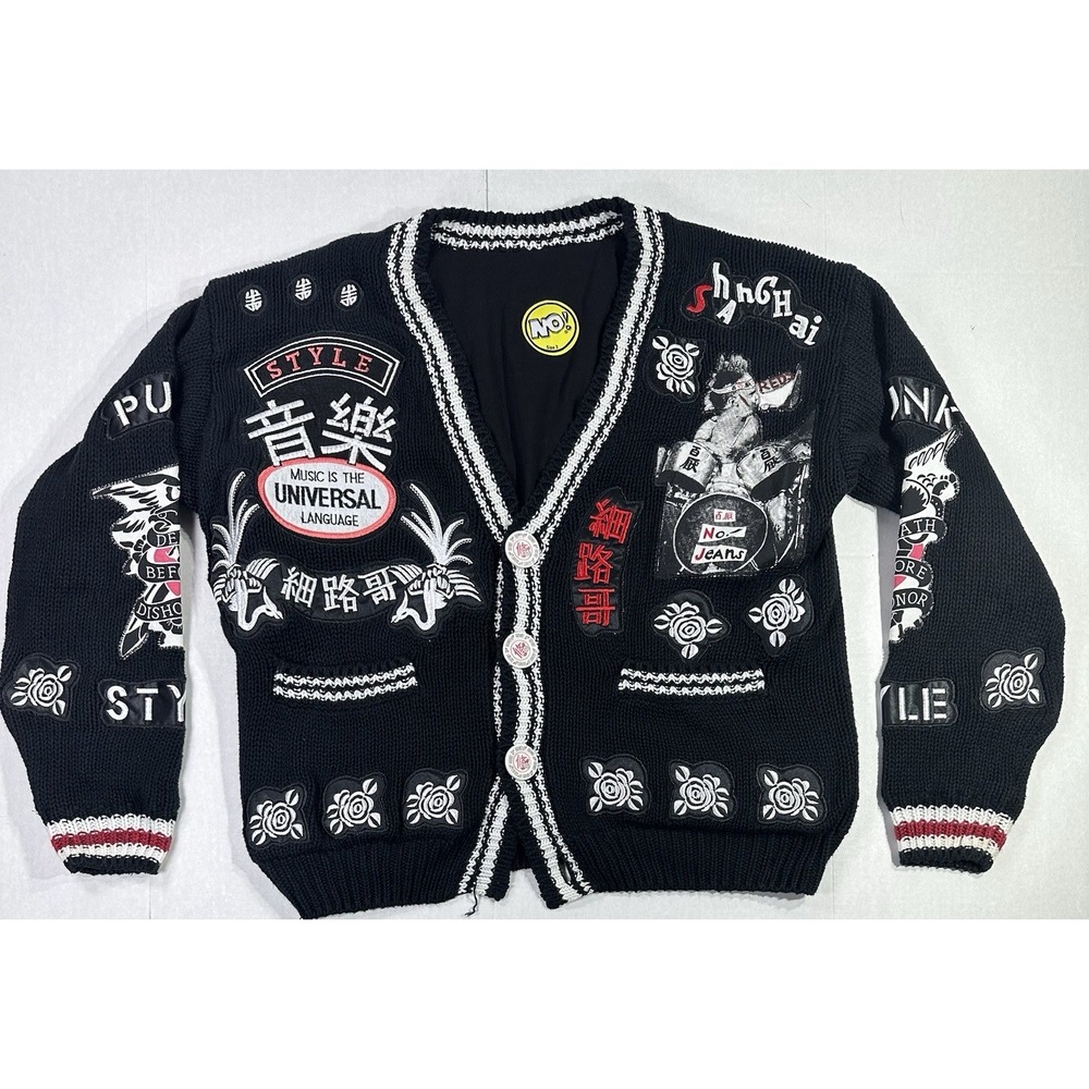 No! Jeans Shanghai Punk Rock Knit Cardigan Music Patch Jacket Size‎ 3